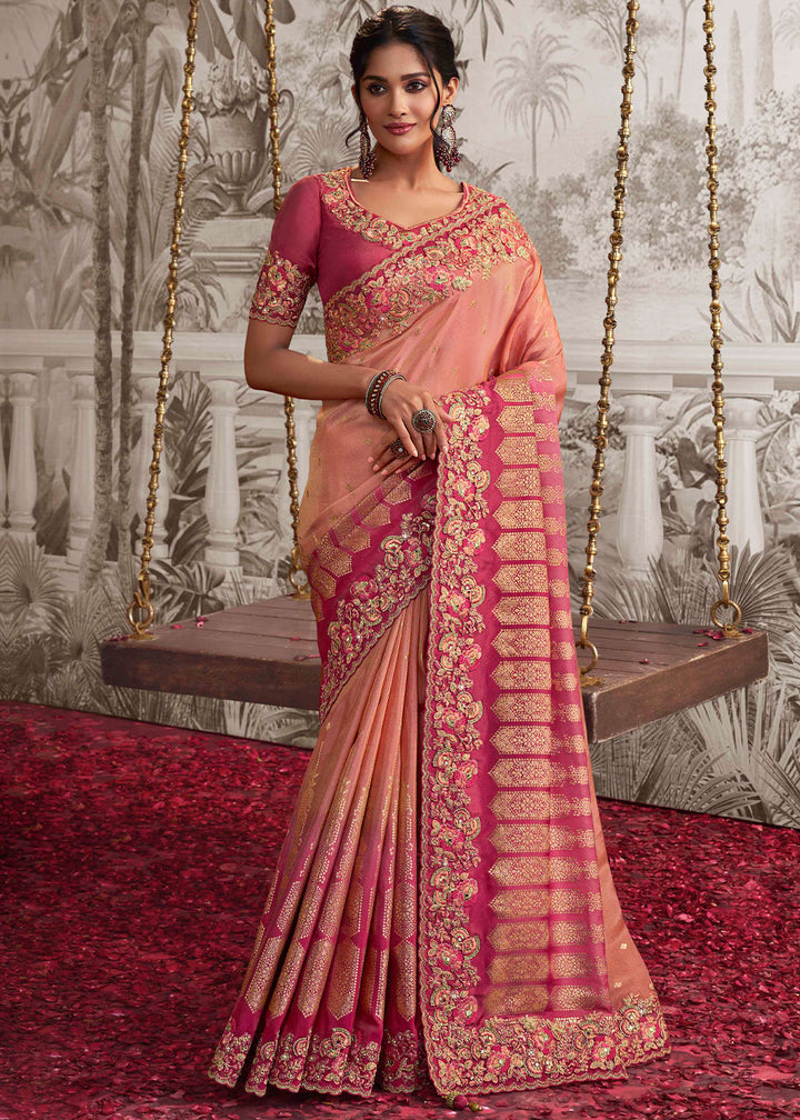 Shades Of Pink Designer Heavy Embroidered Silk Saree