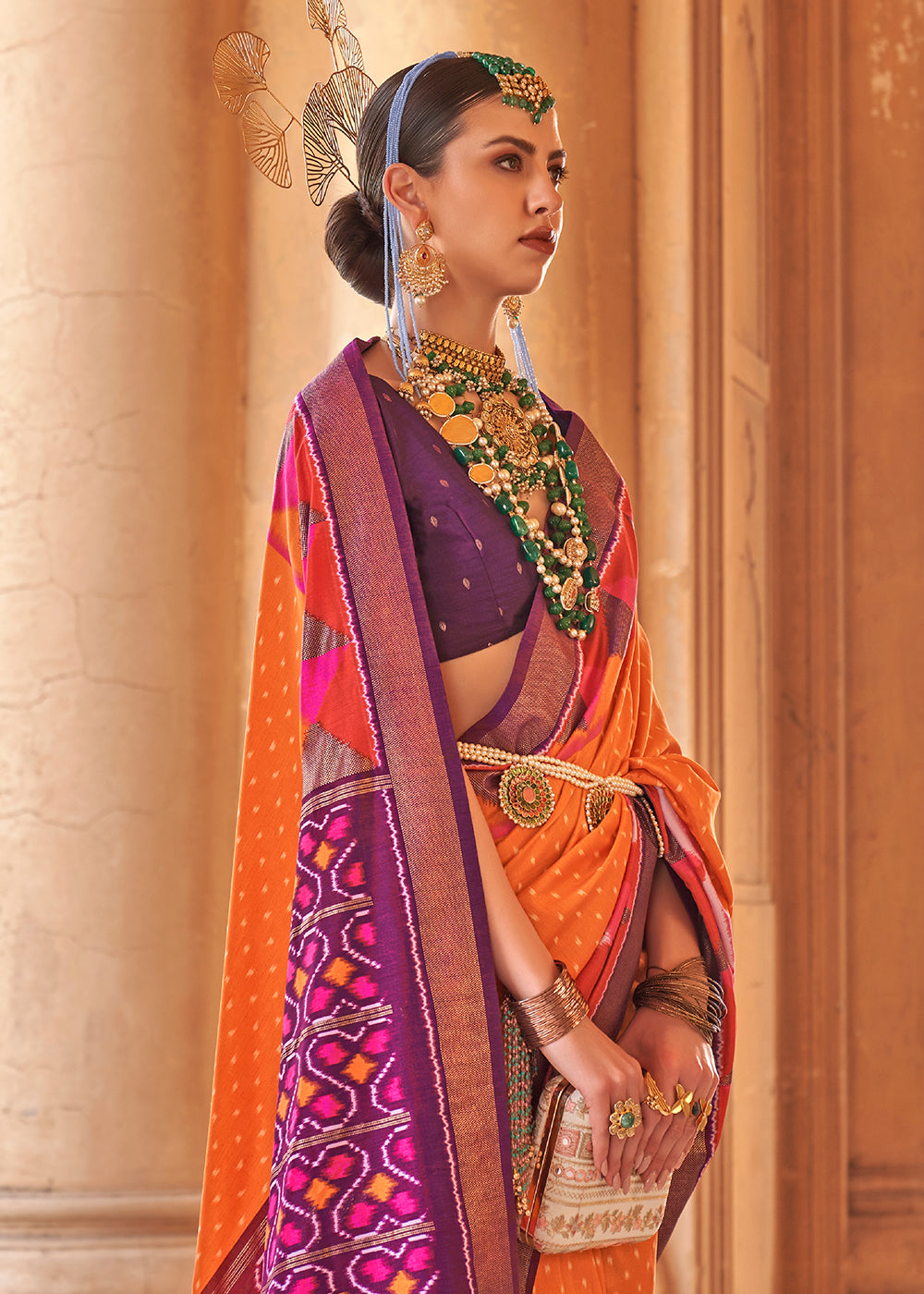 Bright Orange Designer Printed Silk Saree with Contrast Blouse & Pallu