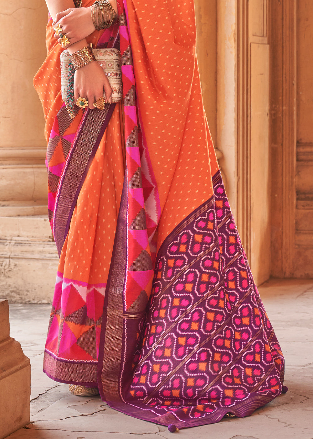 Bright Orange Designer Printed Silk Saree with Contrast Blouse & Pallu