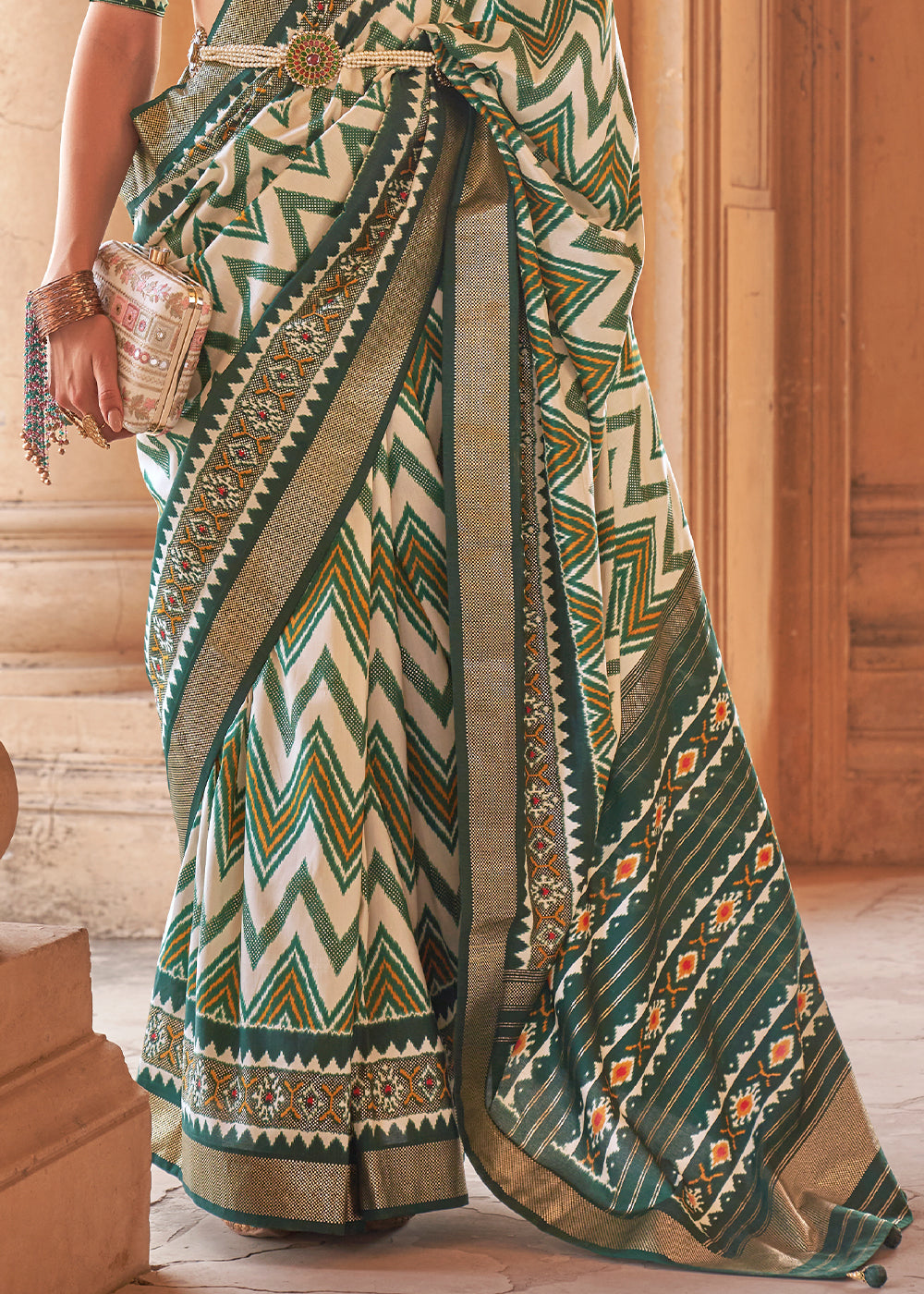 Green & White Designer Printed Silk Saree