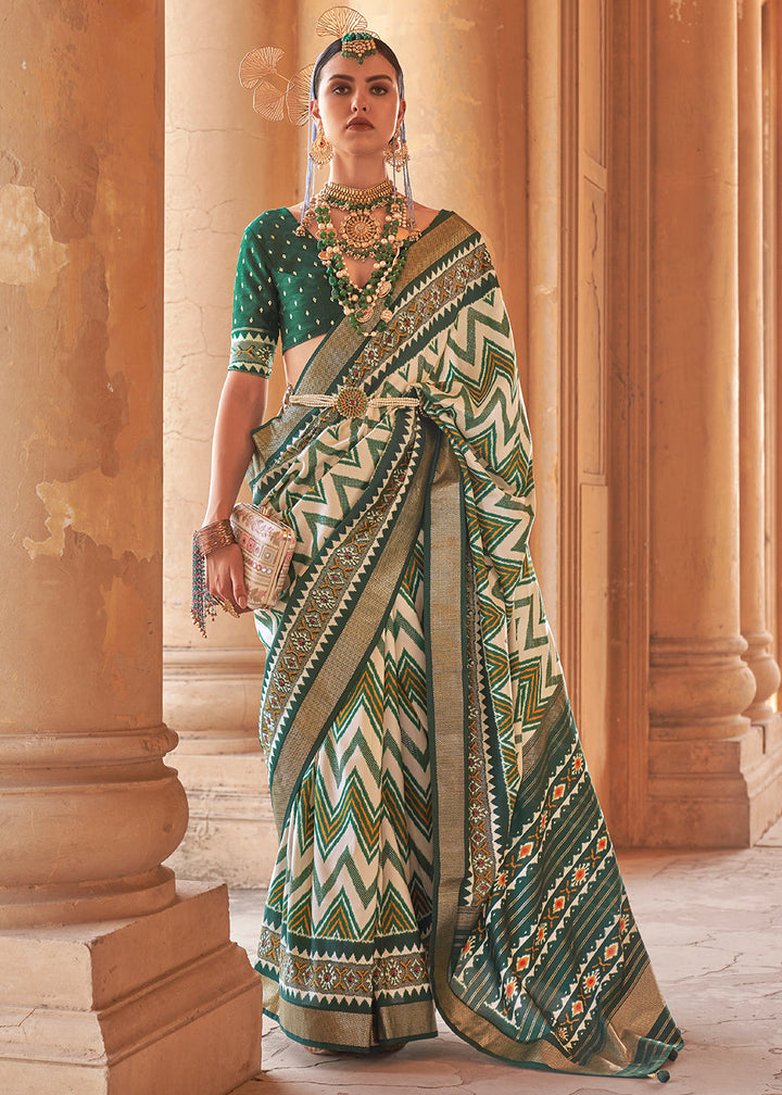 Green & White Designer Printed Silk Saree