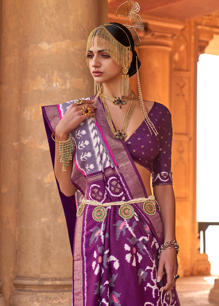 Midnight Purple & White Designer Printed Silk Saree with Contrast Blouse & Pallu