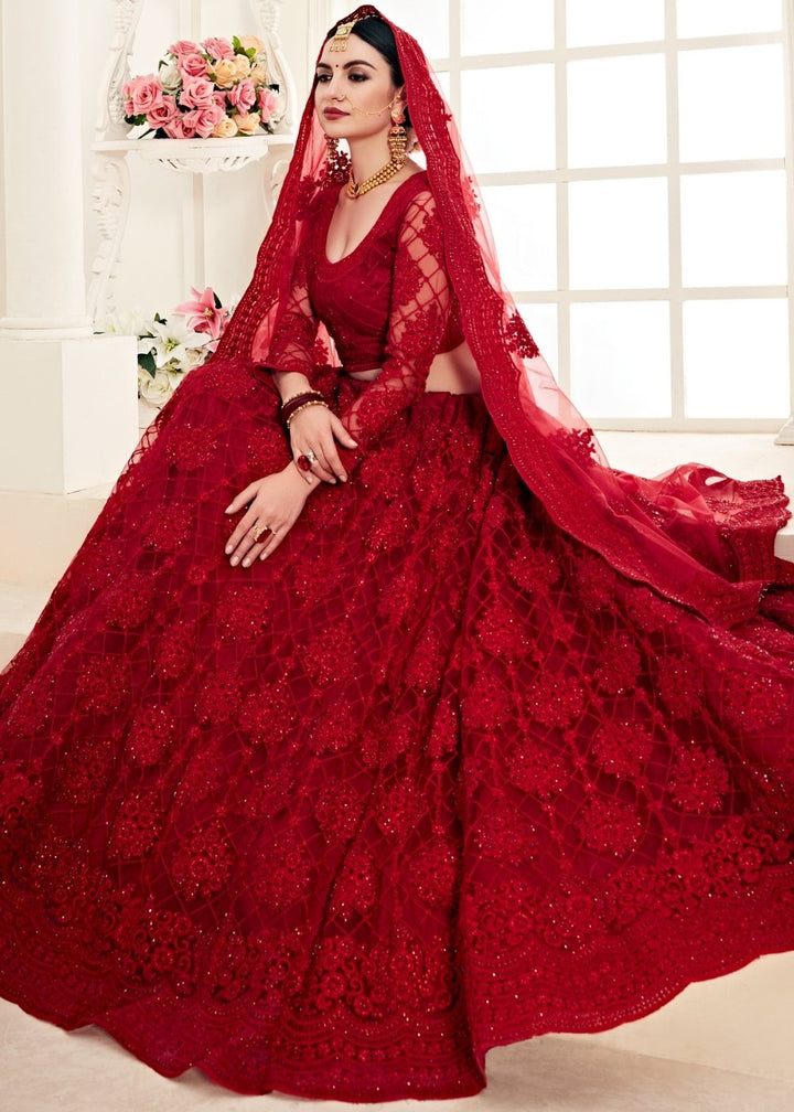 Chilli Red Soft Net Lehenga Choli with Cording Embroidery & Stonework