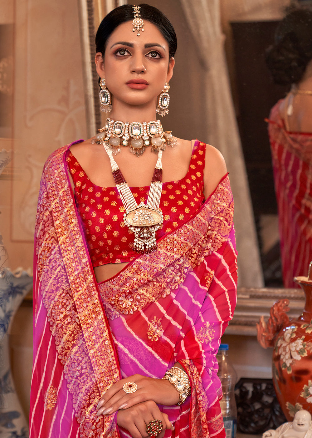 Pink & Red Leheriya Printed Georgette Saree