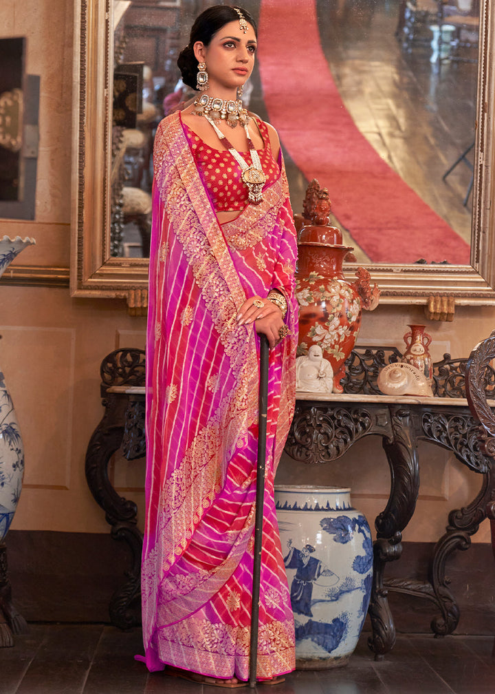 Pink & Red Leheriya Printed Georgette Saree