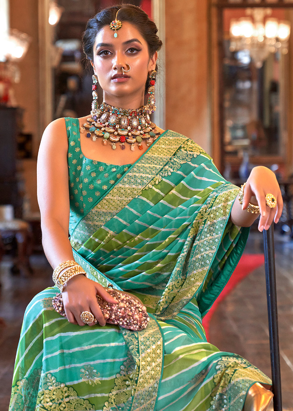 Shades Of Green Leheriya Printed Georgette Saree