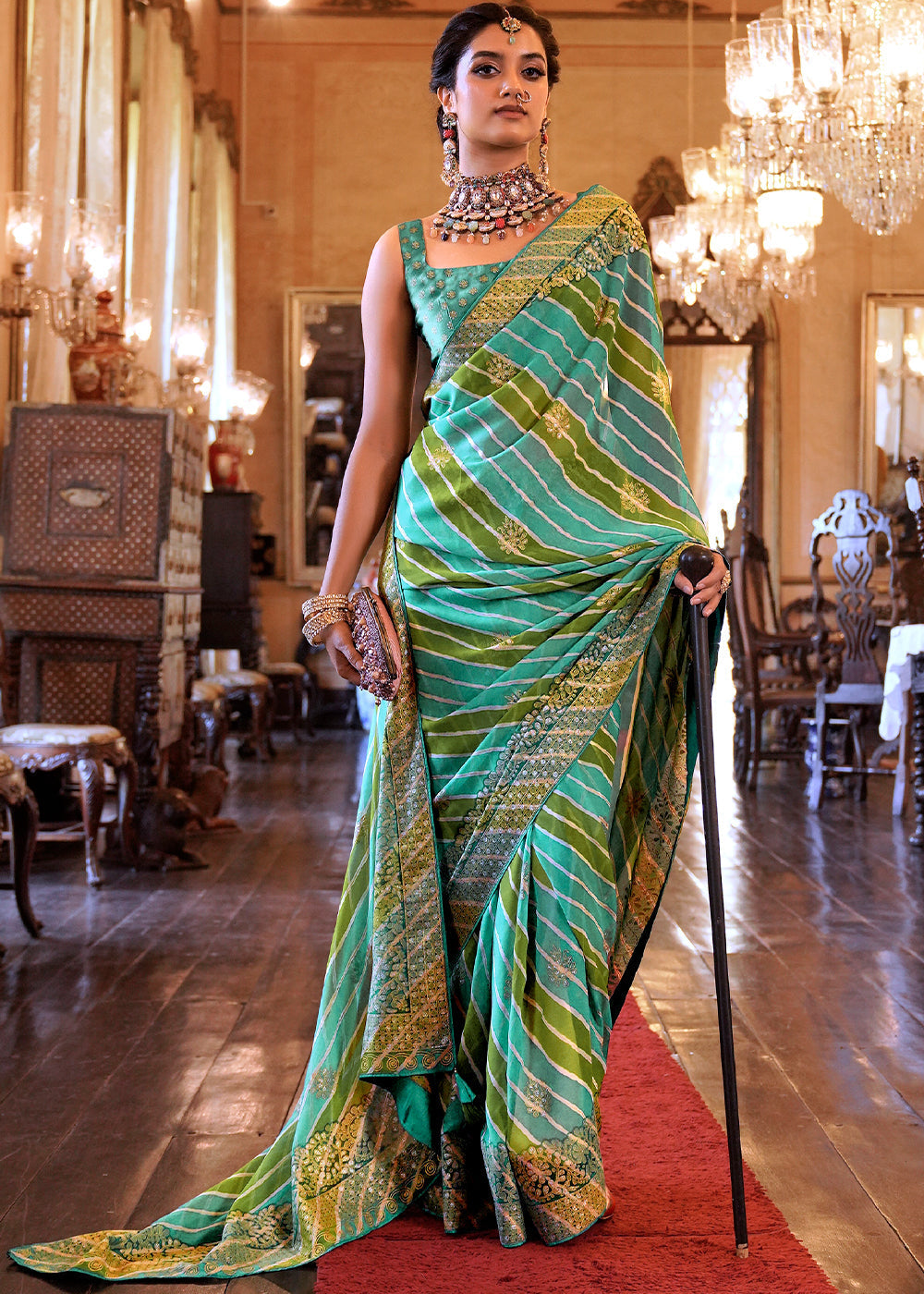 Shades Of Green Leheriya Printed Georgette Saree