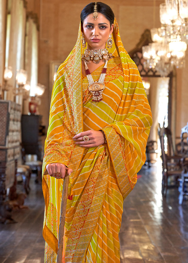 Yellow & Orange Leheriya Printed Georgette Saree