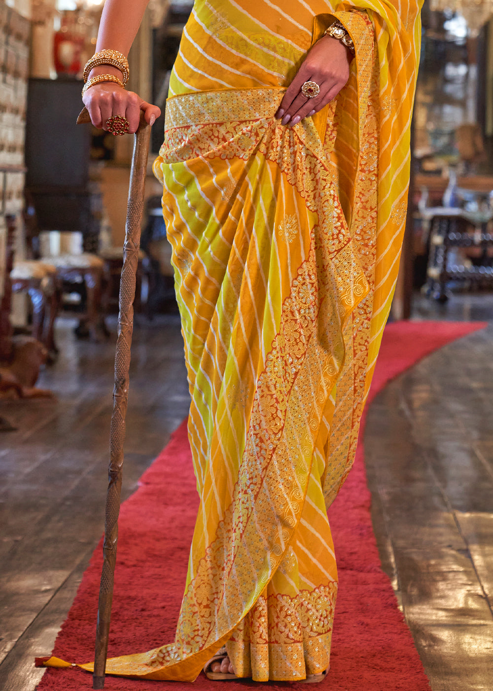 Yellow & Orange Leheriya Printed Georgette Saree