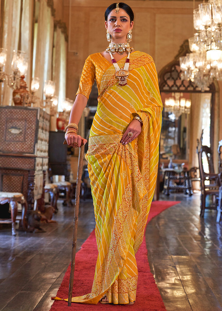 Yellow & Orange Leheriya Printed Georgette Saree