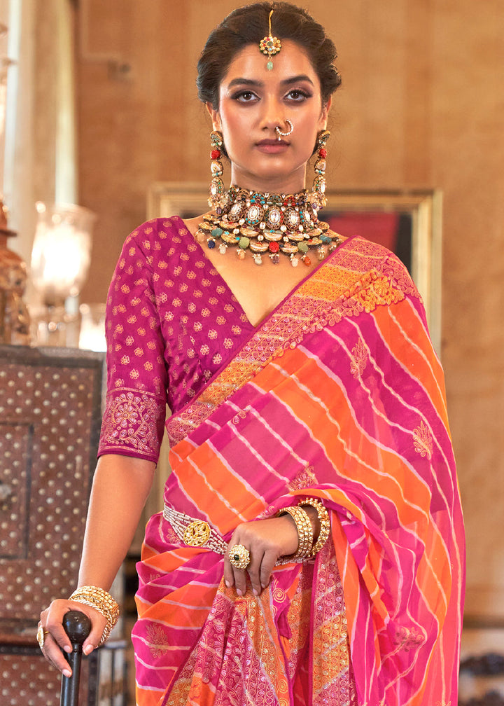 Pink & Orange Leheriya Printed Georgette Saree