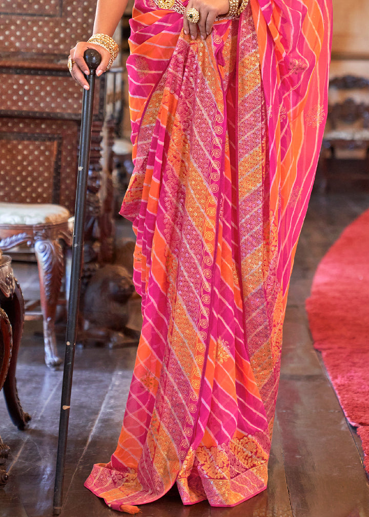 Pink & Orange Leheriya Printed Georgette Saree