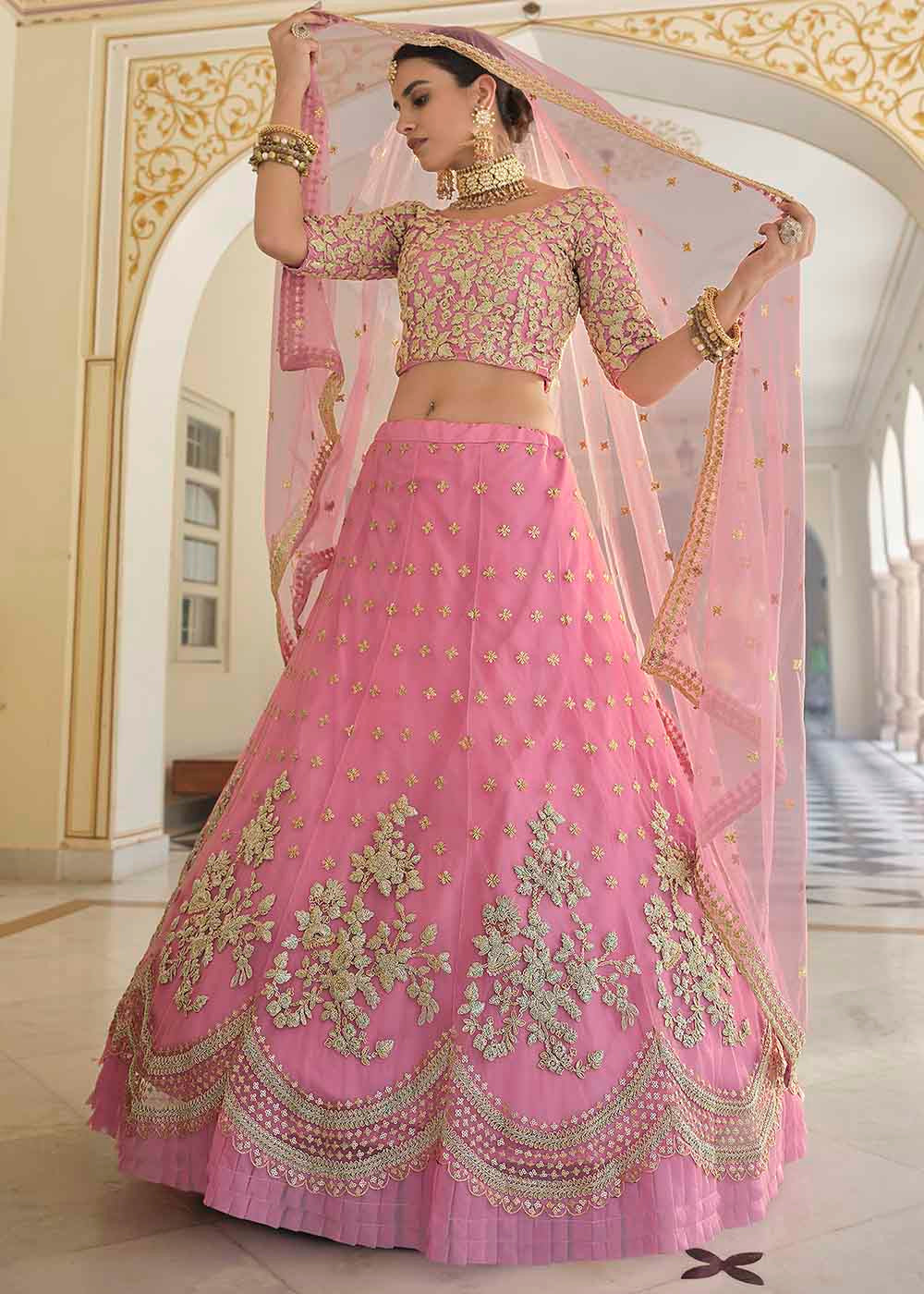 French Rose Pink Soft Net Lehenga Choli with Dori & Sequins work