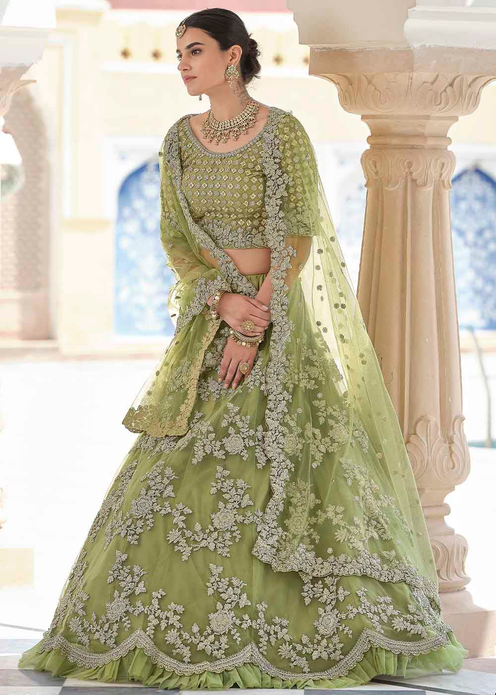 Olive Green Soft Net Lehenga Choli with Dori & Sequins work