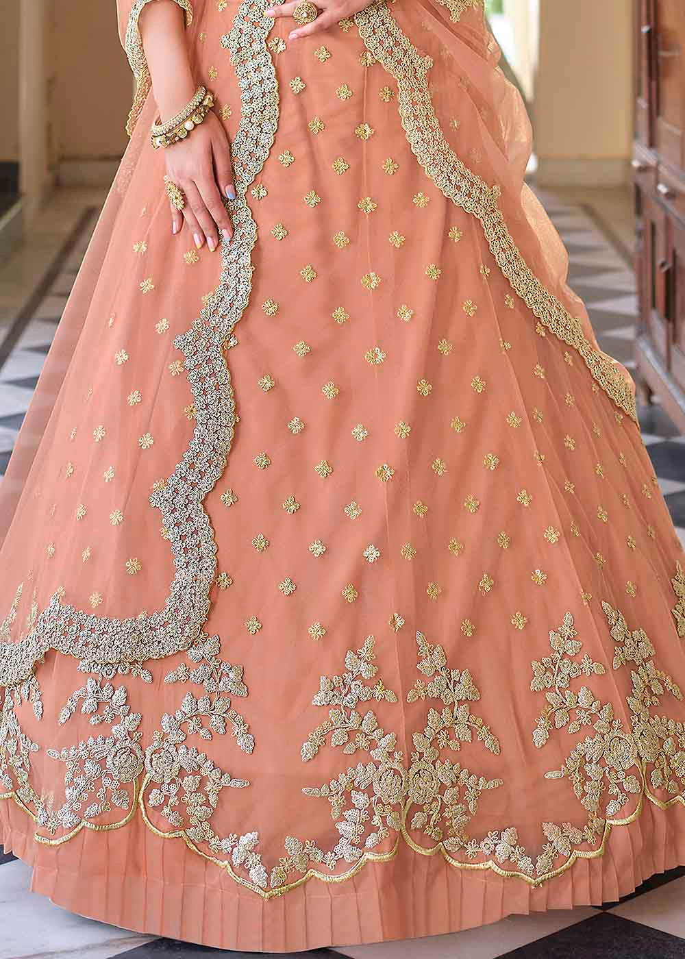 Peach Pink Soft Net Lehenga Choli with Dori & Sequins work