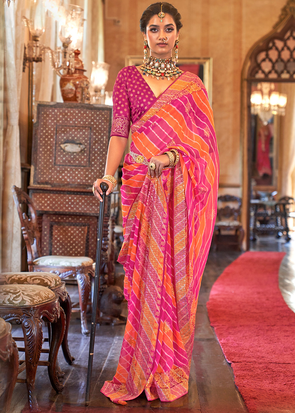 Pink & Orange Leheriya Printed Georgette Saree