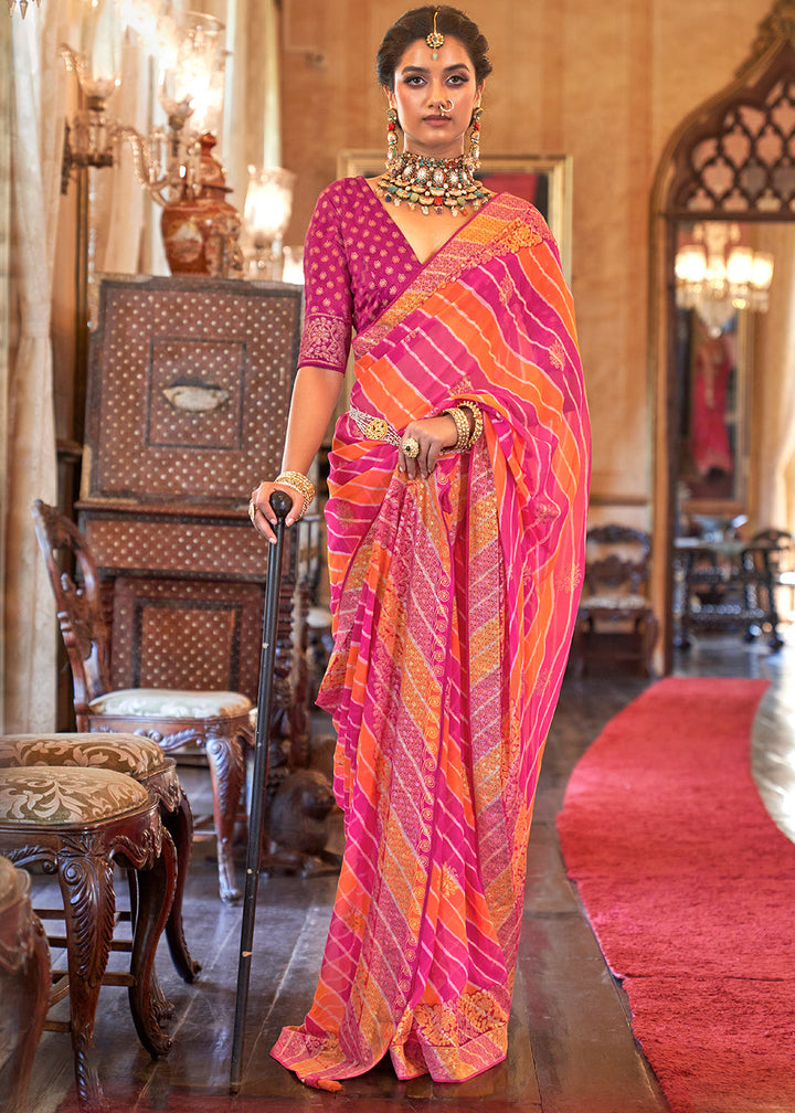 Pink & Orange Leheriya Printed Georgette Saree