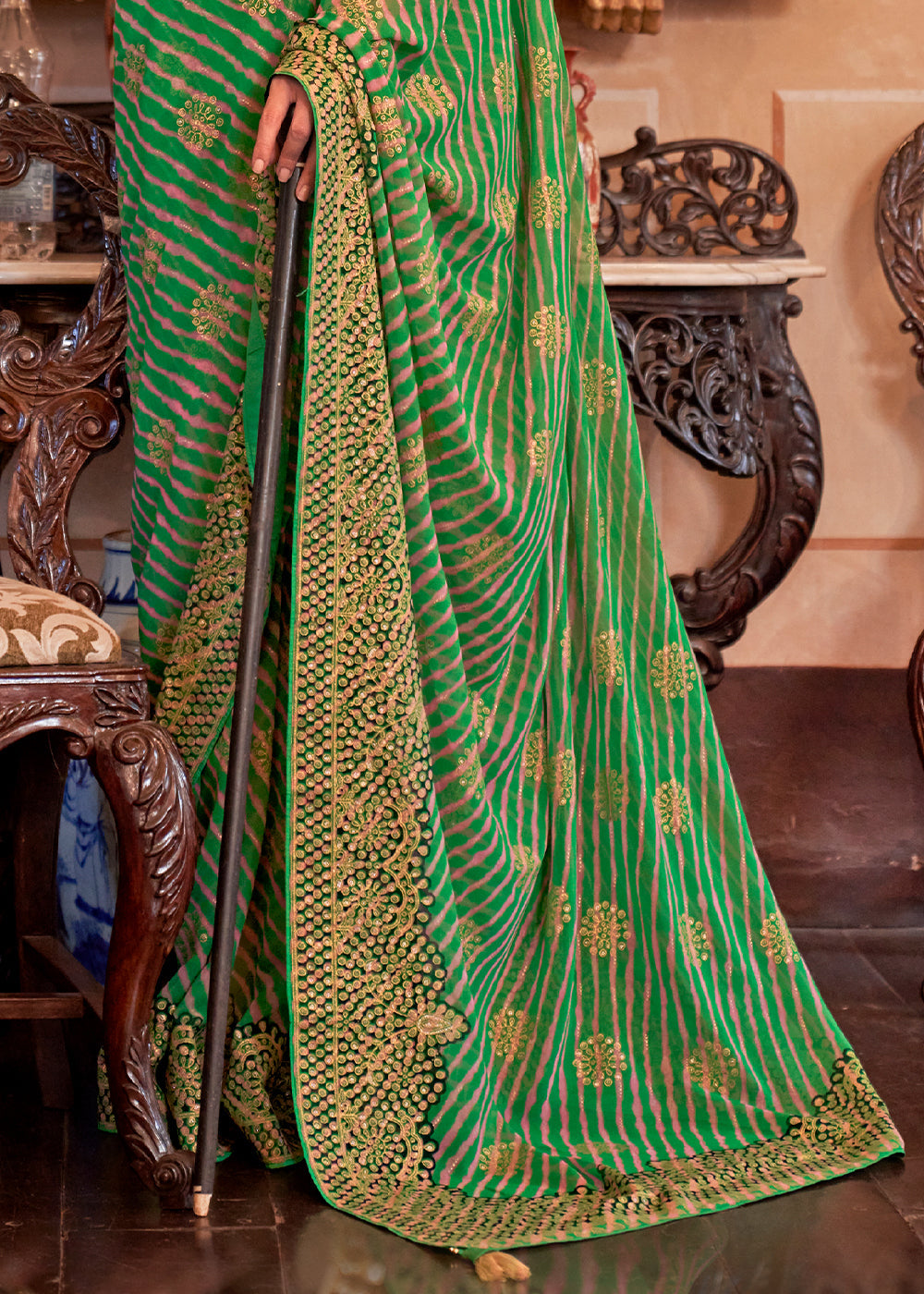 Sea Green Leheriya Printed Georgette Saree