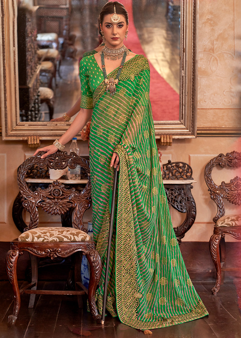 Sea Green Leheriya Printed Georgette Saree