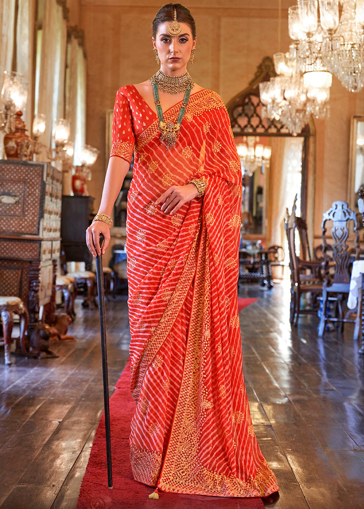 Tart Red Leheriya Printed Georgette Saree