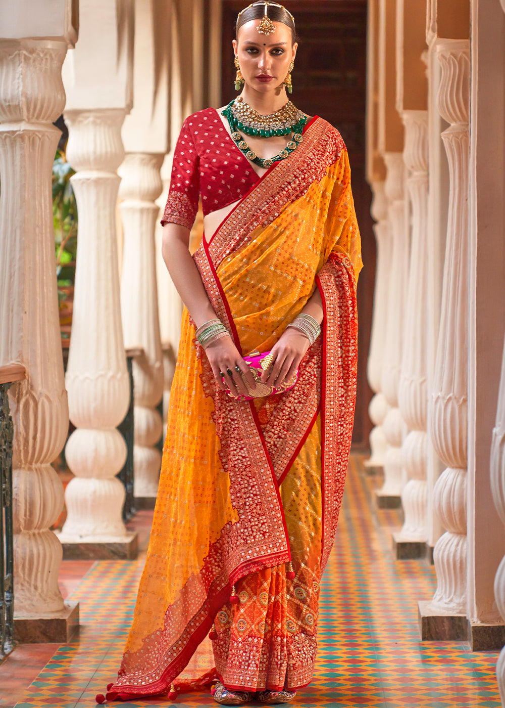 Saffron Yellow Leheriya Printed Georgette Saree