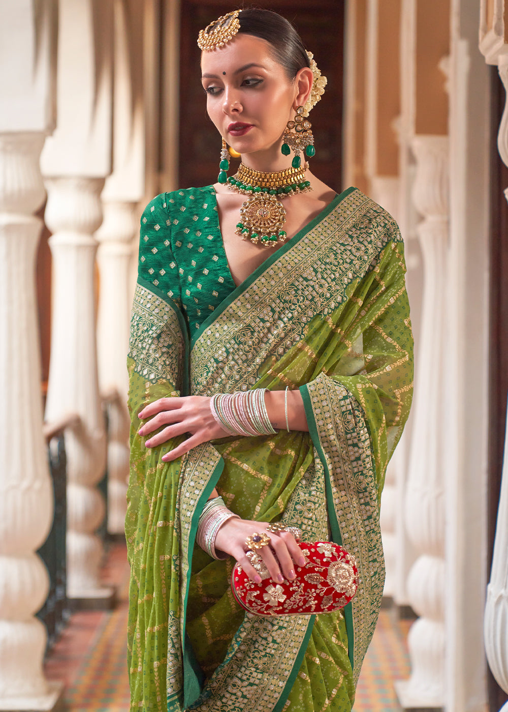 Olive Green Leheriya Printed Georgette Saree: Top Pick