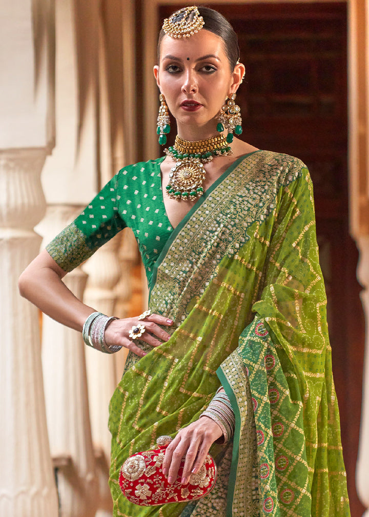 Olive Green Leheriya Printed Georgette Saree: Top Pick