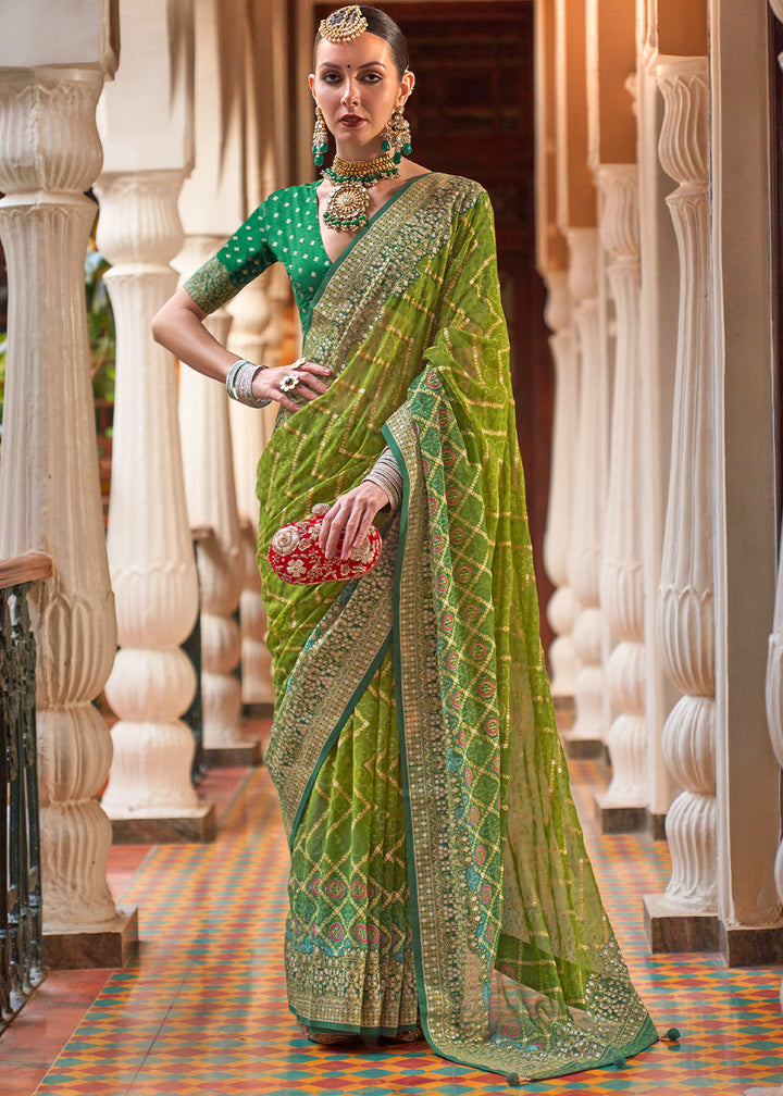 Olive Green Leheriya Printed Georgette Saree: Top Pick