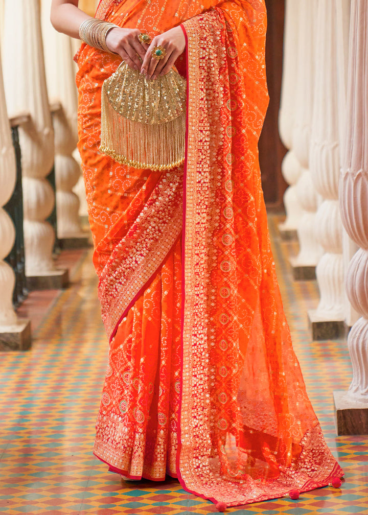 Portland Orange & Yellow Leheriya Printed Georgette Saree