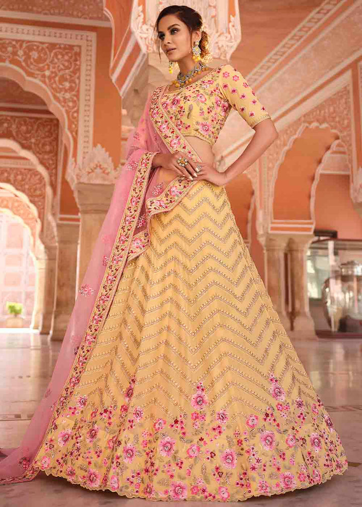 Light Yellow Georgette Lehenga Choli with Zarkan, Zari & Thread work