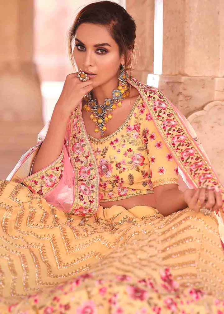 Light Yellow Georgette Lehenga Choli with Zarkan, Zari & Thread work