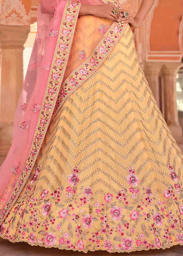 Light Yellow Georgette Lehenga Choli with Zarkan, Zari & Thread work