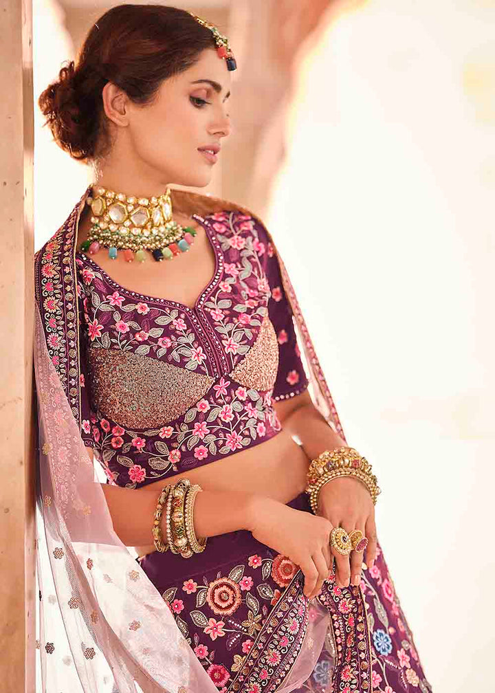 Rasin Purple Crepe Lehenga Choli with Thread, Zarkan & Sequins work