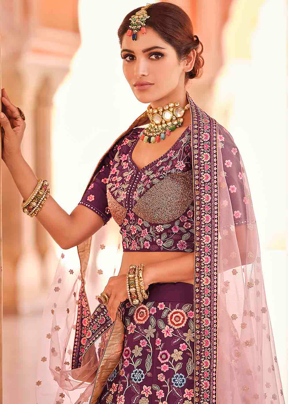 Rasin Purple Crepe Lehenga Choli with Thread, Zarkan & Sequins work