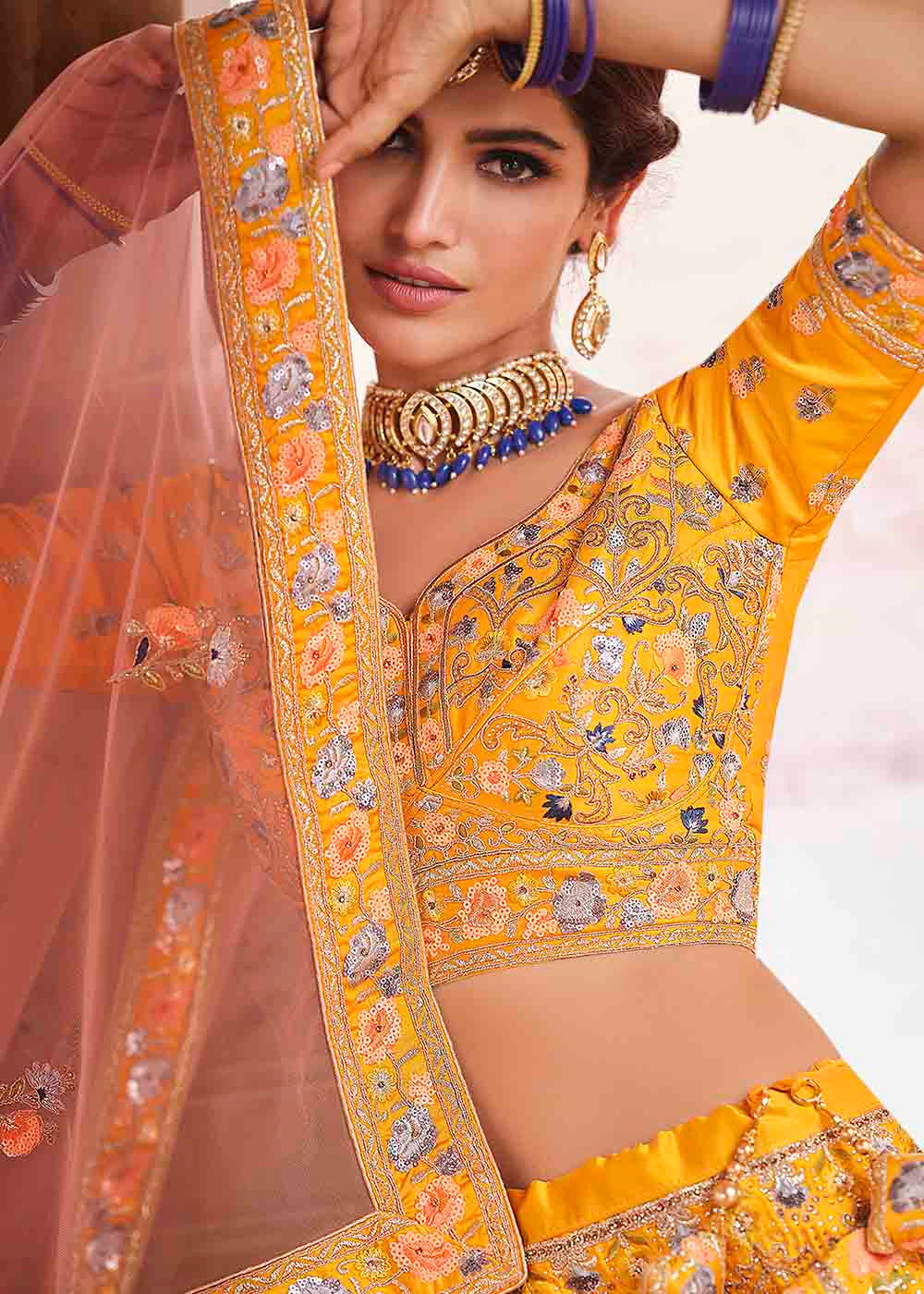 Chrome Yellow Crepe Lehenga Choli with Swarovski, Sequins & Dori work