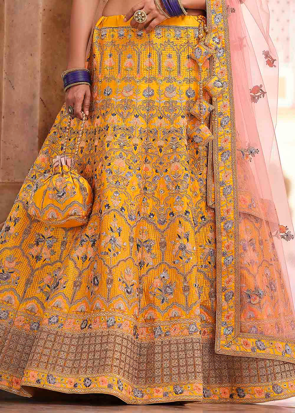 Chrome Yellow Crepe Lehenga Choli with Swarovski, Sequins & Dori work