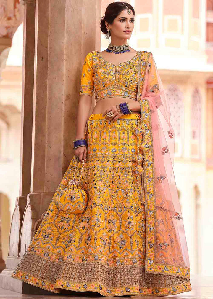 Chrome Yellow Crepe Lehenga Choli with Swarovski, Sequins & Dori work