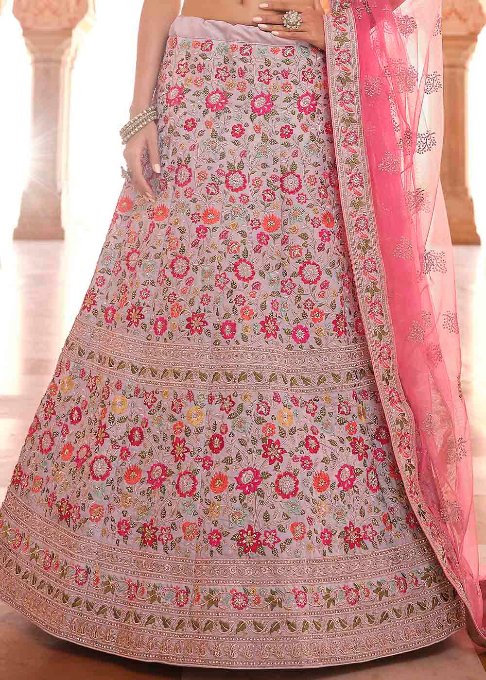 Coin Grey Crepe Lehenga Choli with Thread, Zarkan & Zari work