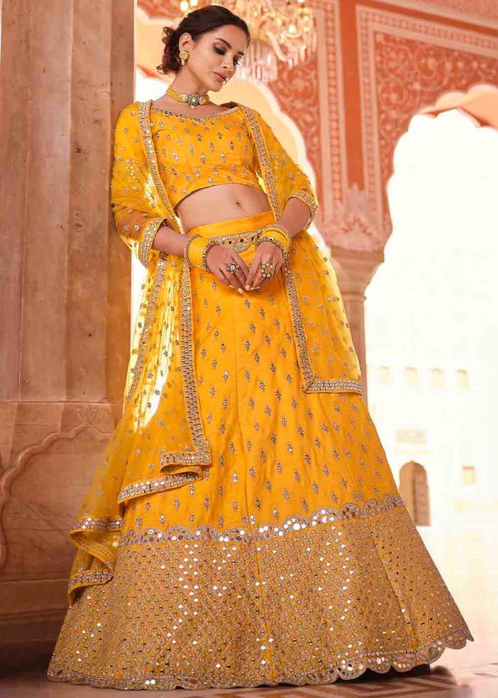 Bright Yellow Art Silk Lehenga Choli with Real Mirror & Zari work