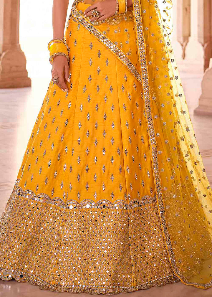 Bright Yellow Art Silk Lehenga Choli with Real Mirror & Zari work