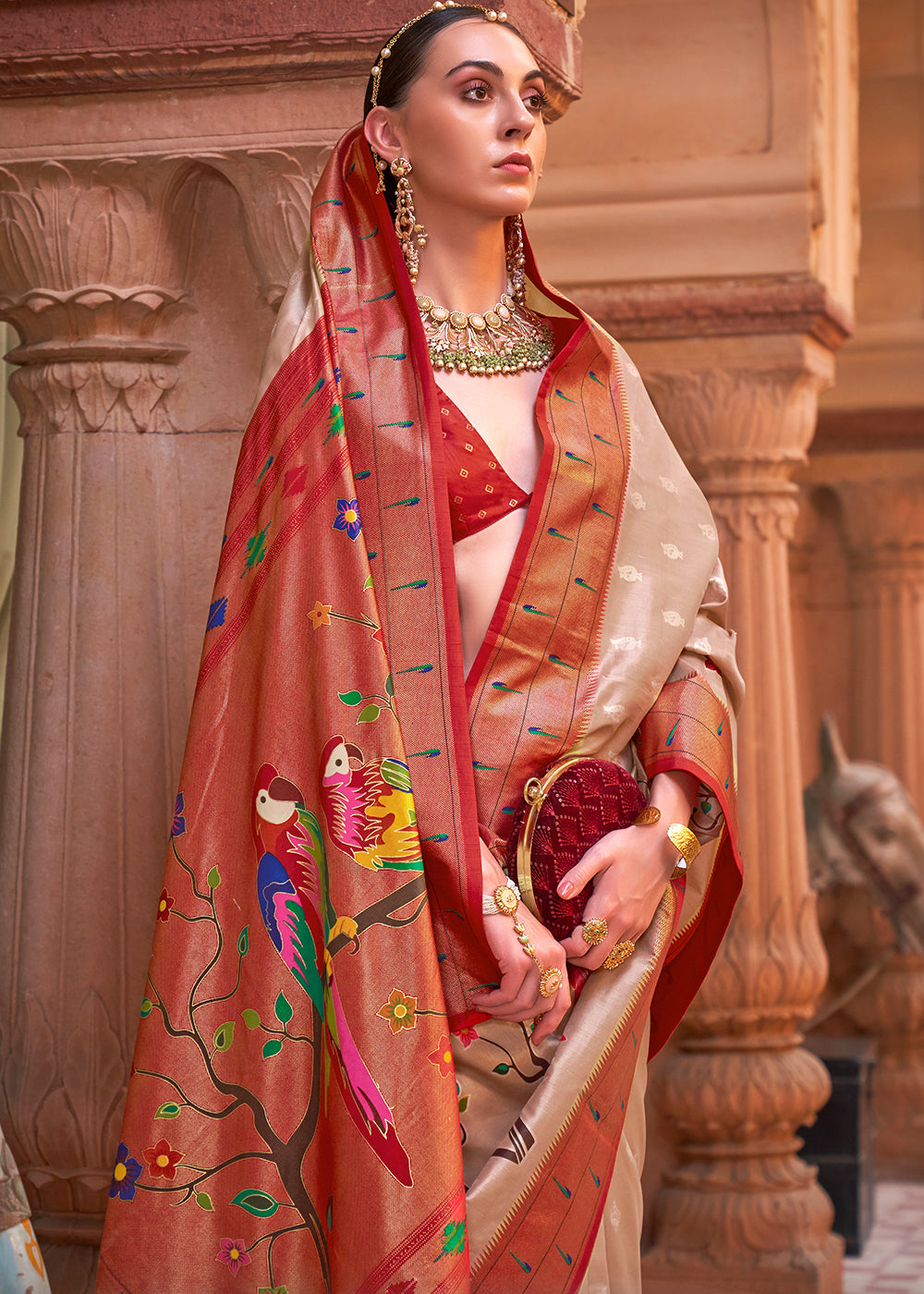 Red & Brown Paithani Silk Saree