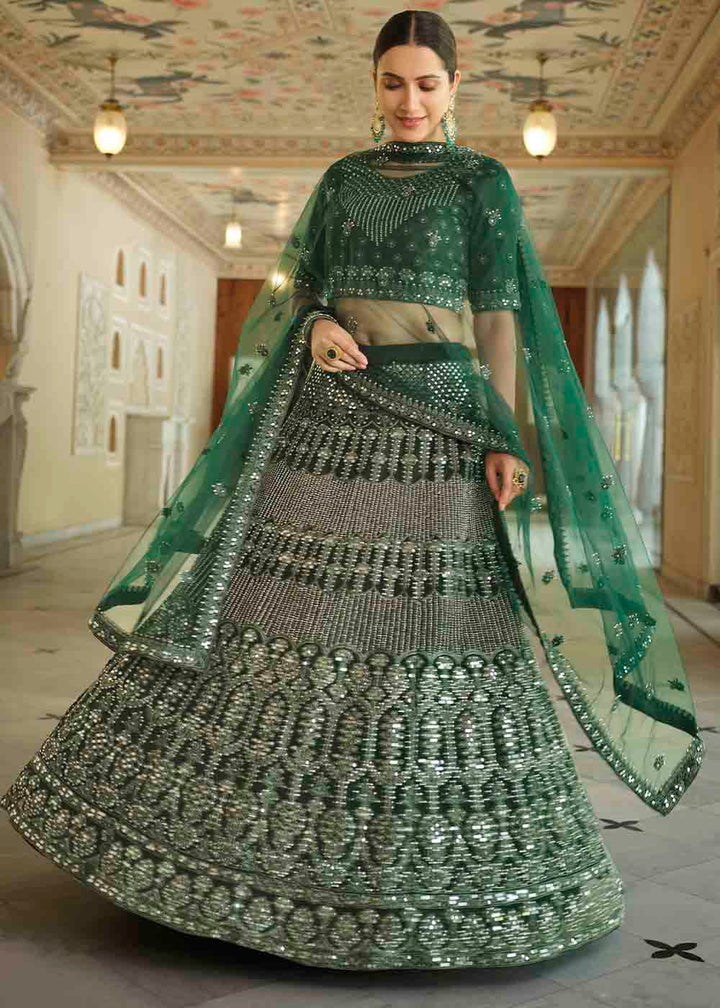 Bottle Green Soft Net Lehenga Choli with Dori & Mirror work