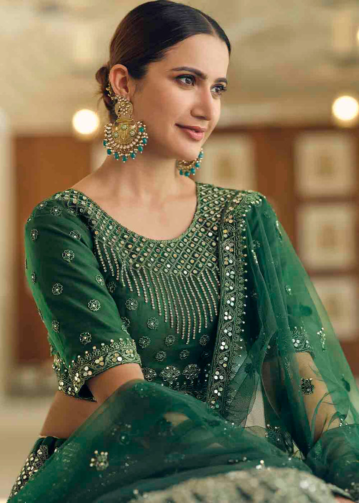 Bottle Green Soft Net Lehenga Choli with Dori & Mirror work