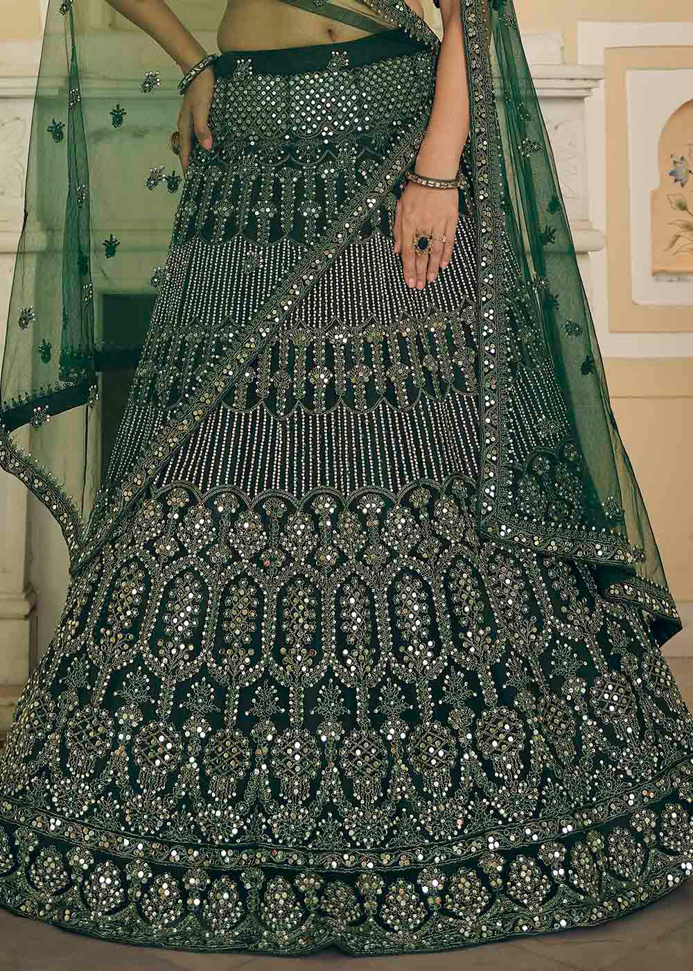 Bottle Green Soft Net Lehenga Choli with Dori & Mirror work