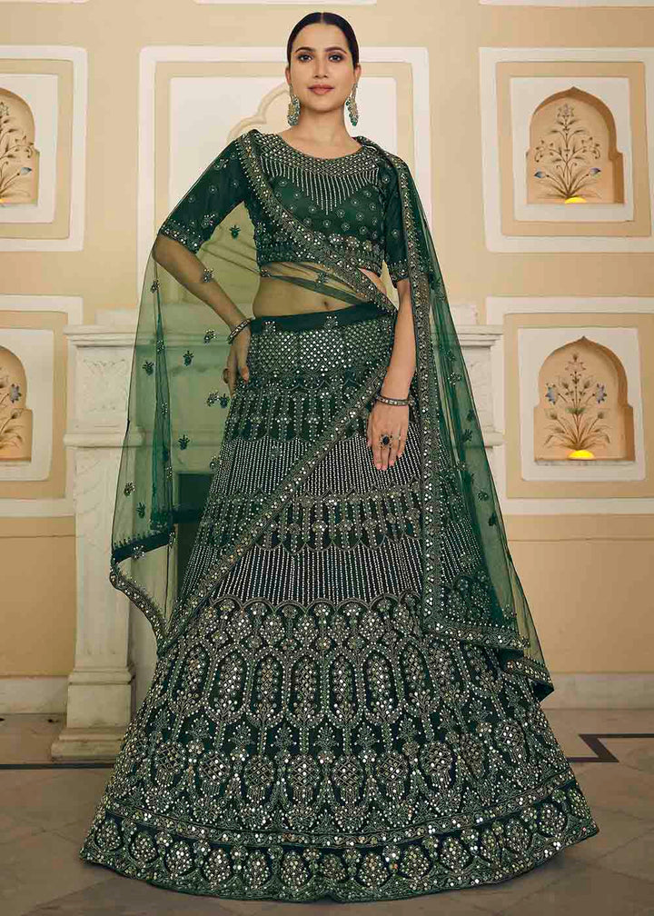 Bottle Green Soft Net Lehenga Choli with Dori & Mirror work