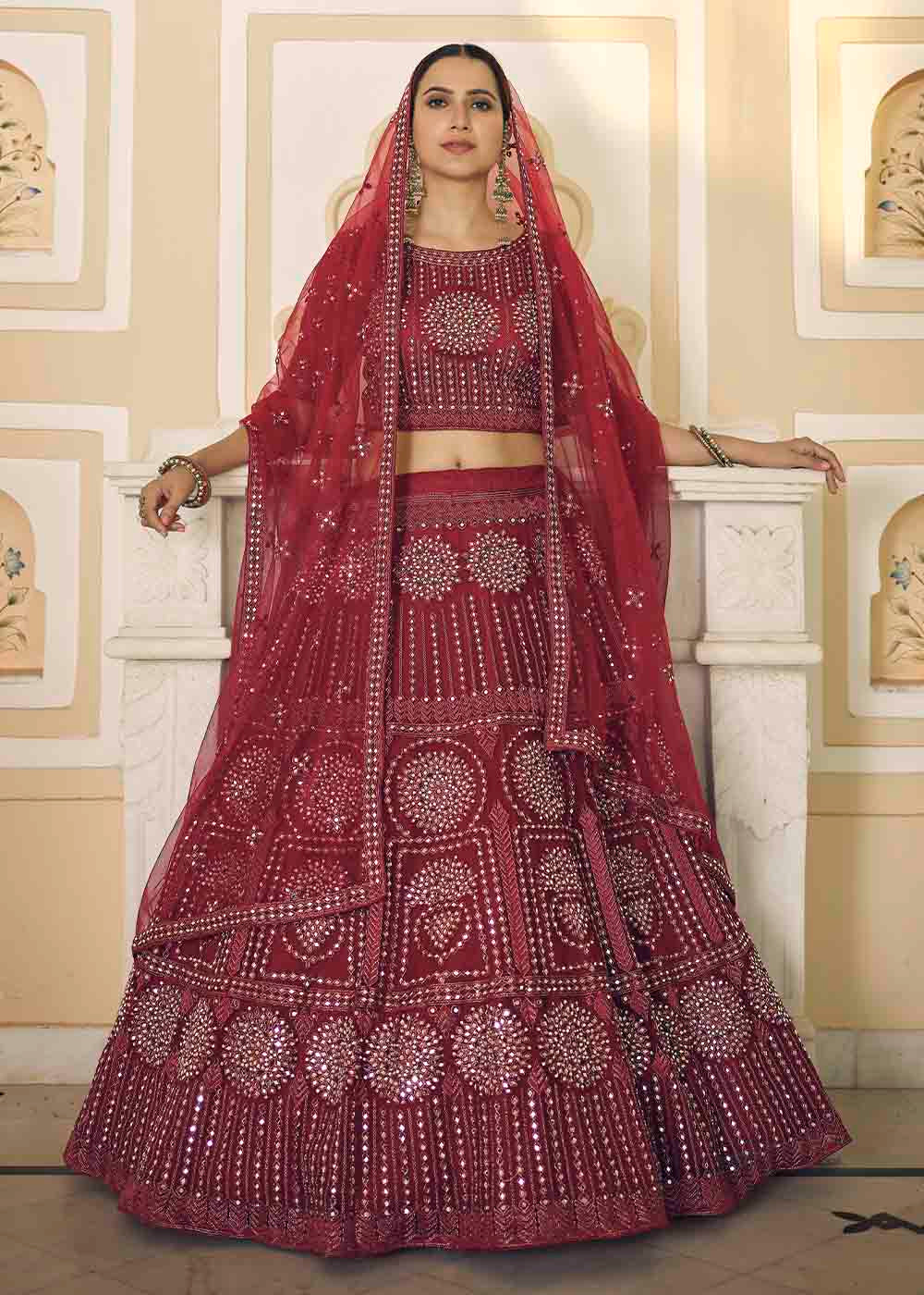 Burgandy Red Soft Net Lehenga Choli with Dori & Mirror work