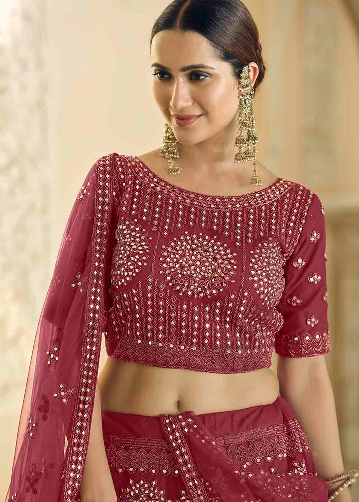 Burgandy Red Soft Net Lehenga Choli with Dori & Mirror work