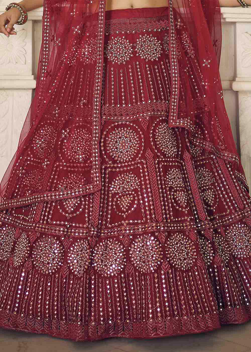 Burgandy Red Soft Net Lehenga Choli with Dori & Mirror work