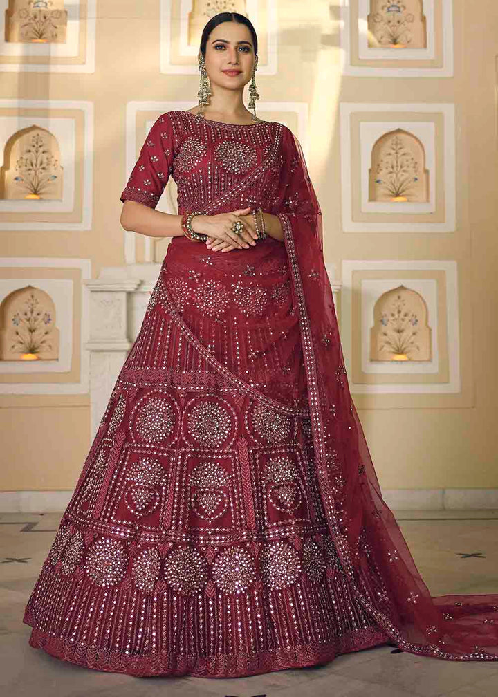 Burgandy Red Soft Net Lehenga Choli with Dori & Mirror work