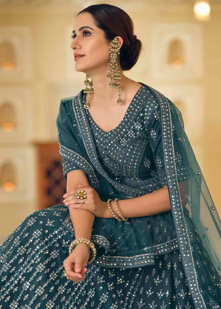 Rama Blue Soft Net Lehenga Choli with Dori & Mirror work